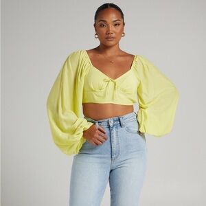 NWT Showpo. Shantal Balloon Sleeve Open back Crop Top in Pastel Yellow